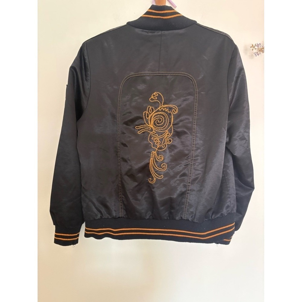 Y2K Black Satin Dragon Embroidered Bomber Jacket Streetwear-M
